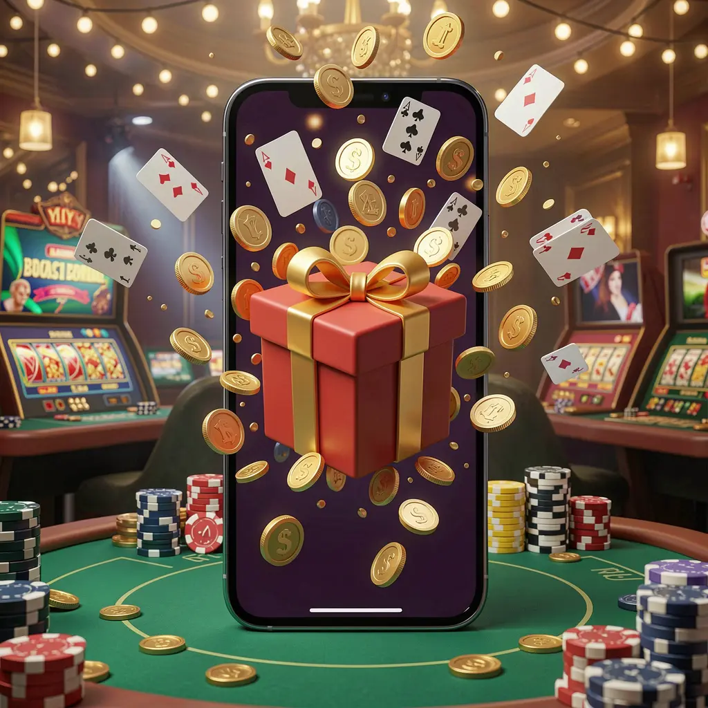 Conceito de aplicação móvel de bónus do casino 78kk mostrando um ecrã de telemóvel com uma caixa de presente e moedas a saltarem para fora numa atmosfera festiva de casino