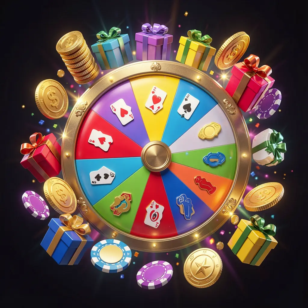 Roda de bónus do casino online 78kk com roda de prémios colorida rodeada por moedas douradas, fichas e caixas de presente, luzes brilhantes de casino criando uma atmosfera emocionante de jackpot sobre um fundo escuro