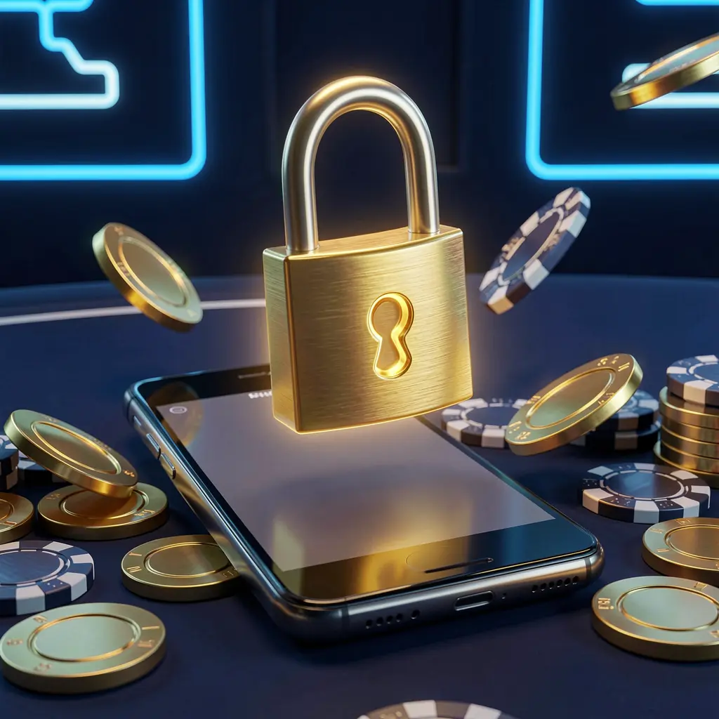 Imagem de segurança de início de sessão do casino 78kk mostrando um cadeado brilhante flutuando acima de um smartphone com moedas douradas e fichas espalhadas ao redor contra um fundo neon azul-escuro