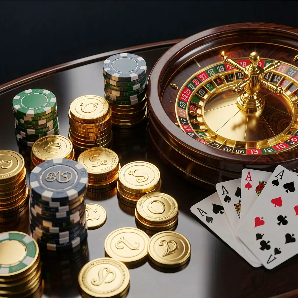 Banner premium do casino online 78kk apresentando moedas douradas, fichas brilhantes, uma roda de roleta e cartas de jogar sobre uma mesa brilhante com um elegante fundo escuro numa renderização 3D realista de alta definição